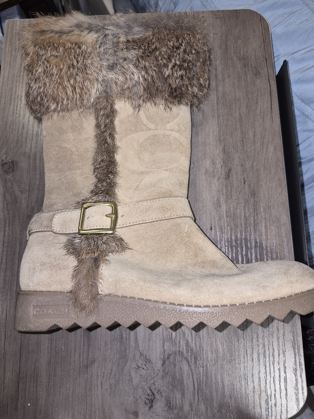 COACH Tan Suede Fur-Trim Mid-Calf Boot with Buckle